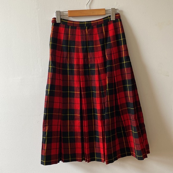 100% WOOL PLAID PLEATED VINTAGE MIDI SKIRT - Picture 4 of 7